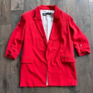 Zara Longline Open Front Blazer Red Orange 3/4 Sleeve Size S Workwear